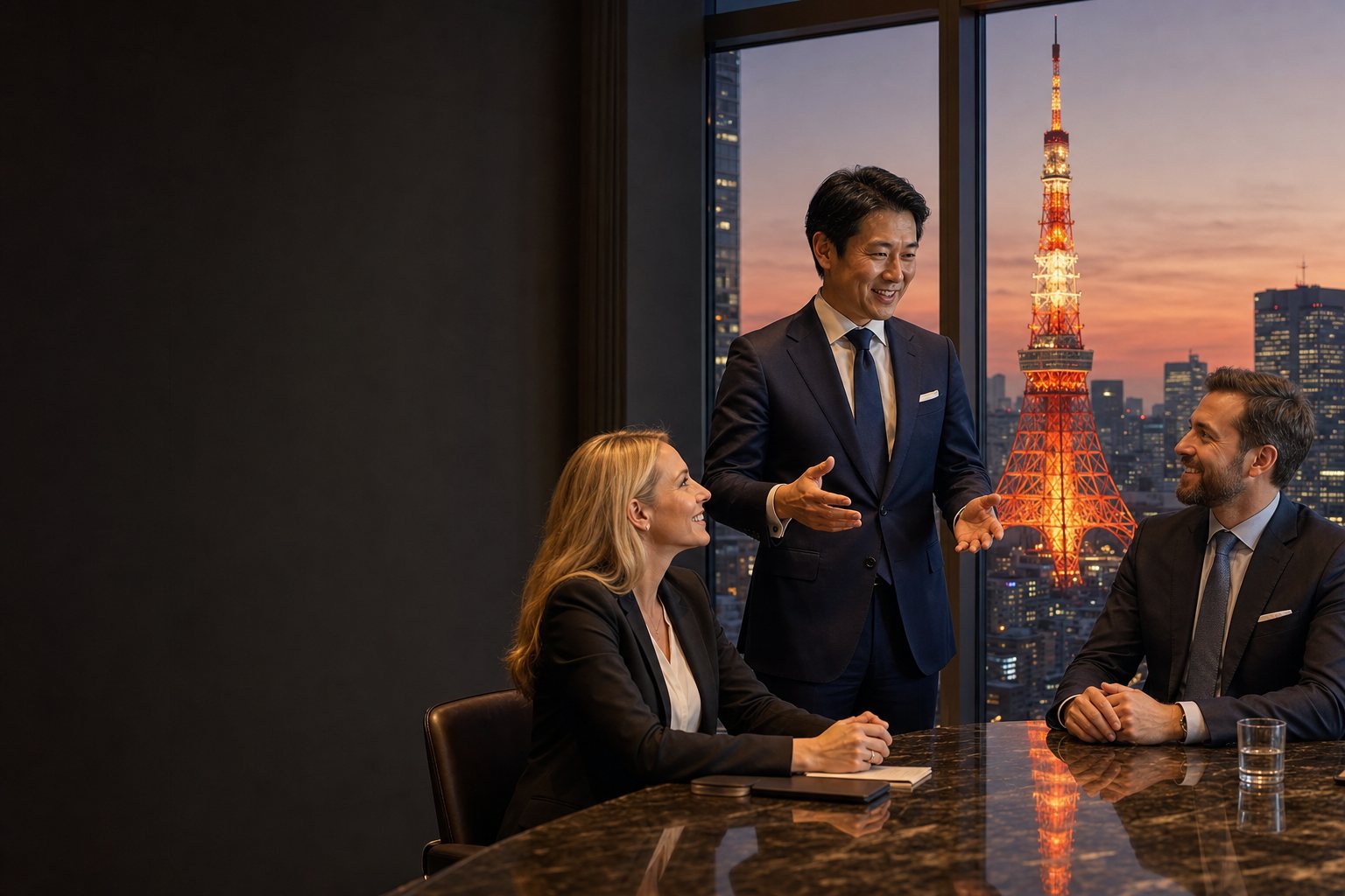 東京タワーを望む会議室で、海外の取引先に英語で話す経営者