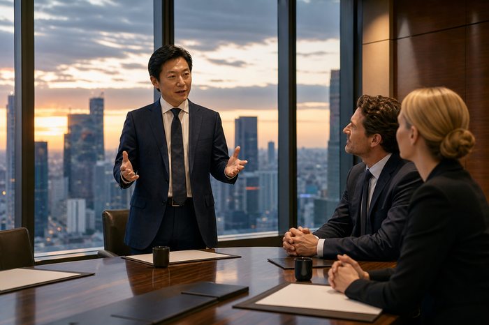海外の取引先に英語で自社を説明する経営者