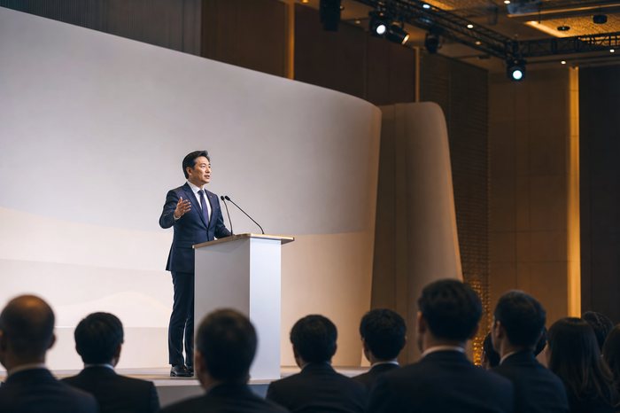 海外のイベント会場で英語のスピーチをする受講生