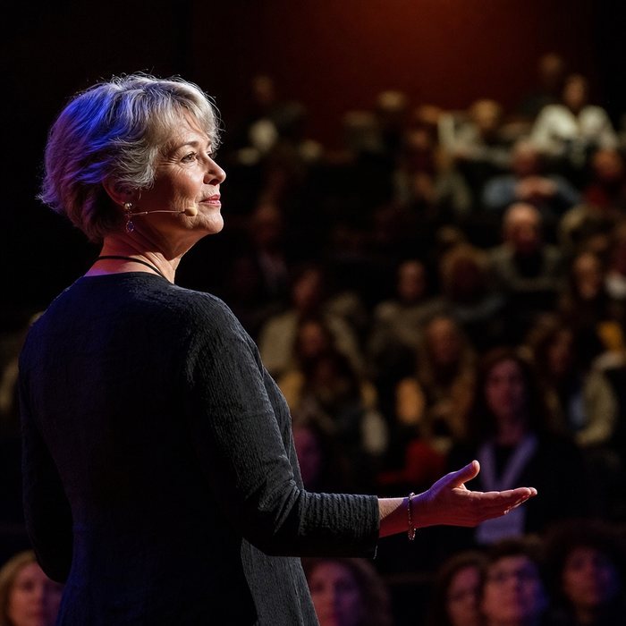 TEDの舞台でスピーチをする60代の男性